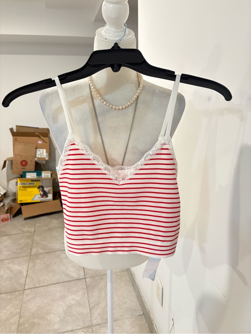 Primark Red & White Striped Lace-Trim Cami